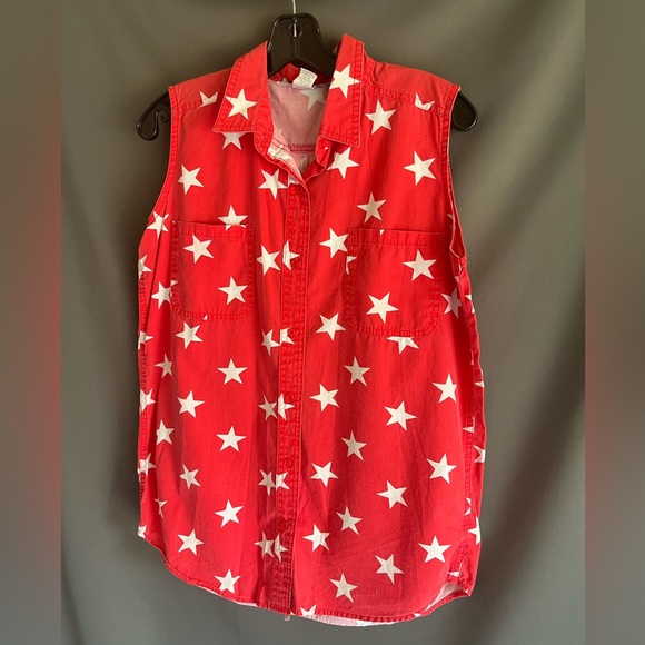 Vintage 90s Star Print Sleeveless Button Down Shirt - Picture 3 of 6